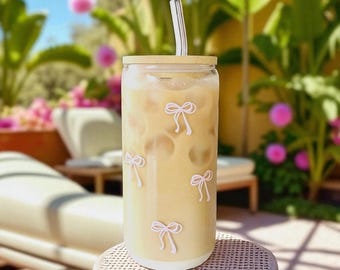Pink Bows | Glass Cup | Bamboo Lid & Glass Straw Included - Etsy