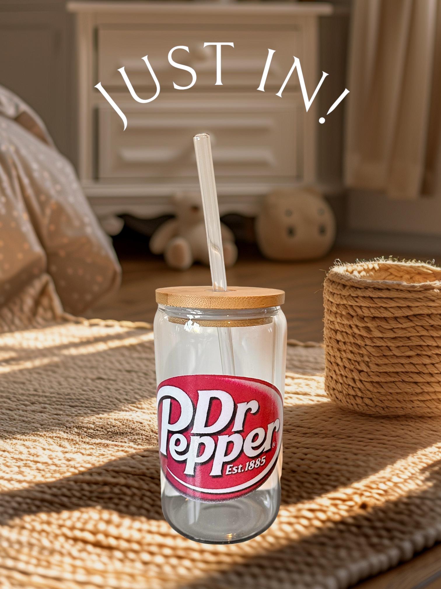 Dr Pepper Style Glass Can Cup With Bamboo Lid & Straw Ice Coffee Libbey ...
