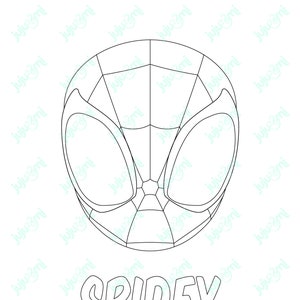 Könnte beinhalten: Eine Schwarzweiß-Zeichnung einer Superheldenmaske mit dem Wort "SPIDEY" darunter. Die Maske hat ein Spinnennetz-Design.