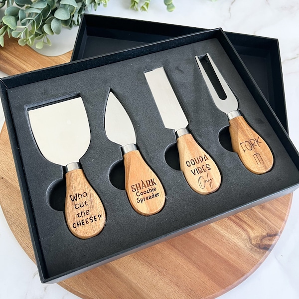 Funny Cheese Knives, Cheese Knife Set, Charcuterie Knives, Engraved Knife Set, Hostess Gift, Custom Gift, Cheese Spreaders, Event Decor