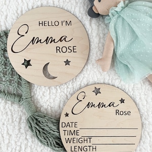 Baby Name Announcement Sign: Wooden Moon and Stars Nursery Decor