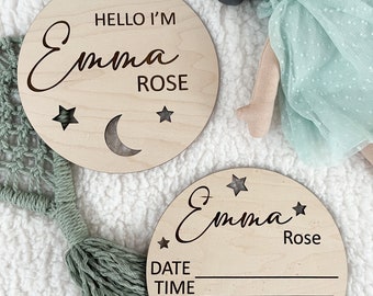 Baby Announcement Baby Name Sign Hospital Sign Birth Announcement Baby Shower Baby Photo Prop Nursery Decor Moon and Stars Nursery