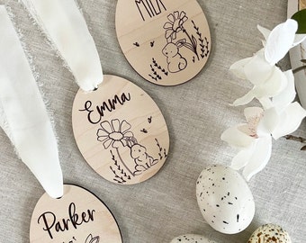 Custom Easter Basket Tag: Engraved Wood Bunny Name Tag