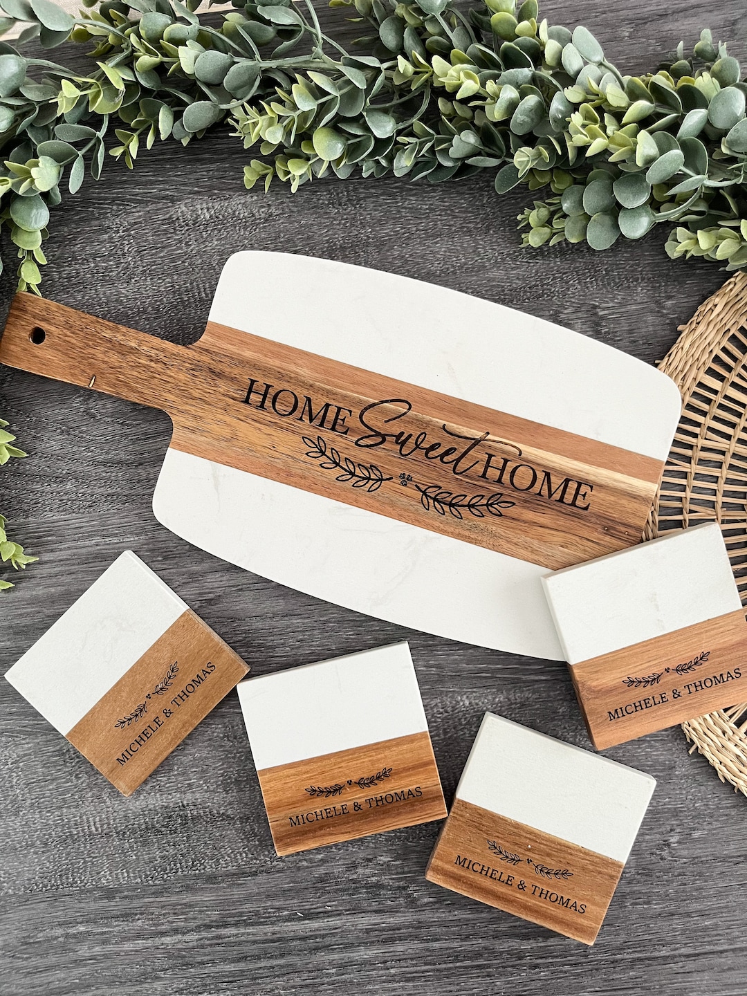 Engraved Marble Acacia Charcuterie Board & Coaster Set - Etsy