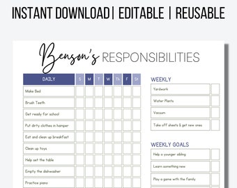 Chore Chart Kids | Instant Download | Editable | Responsibility Chart | Printable