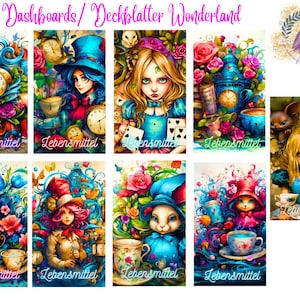 Könnte beinhalten: Neun farbenfrohe digitale Illustrationen mit Figuren aus Alice im Wunderland, darunter der Hutmacher, das weiße Kaninchen und Alice selbst. Jede Illustration ist vor einem fantasievollen Hintergrund mit Uhren, Teetassen und Blumen platziert.