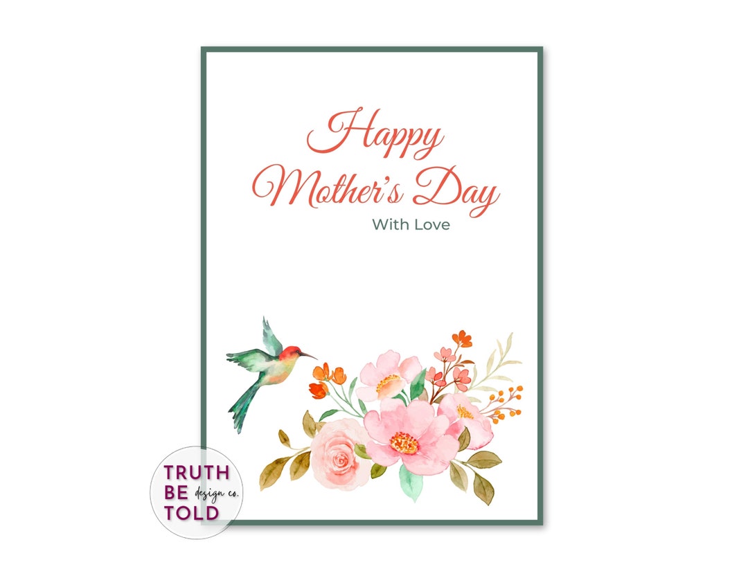 Watercolor Flowers Hummingbird Mothers Day Card (printable PDF) - Etsy