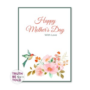 Happy Mothers Day with Love, Proverbs 31:26 She speaks with wisdom, watercolor flowers hummingbird, card for mom, printable Mothers Day card