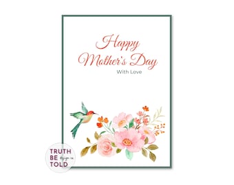 Watercolor Flowers Hummingbird Mothers Day Card (Printable PDF)