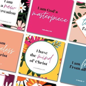 Puede incluir: Un conjunto de tarjetas de afirmación coloridas con diseños florales y citas inspiradoras. Cada tarjeta presenta una cita diferente sobre el amor propio y la fe, como "Soy una nueva creación" y "Soy la obra maestra de Dios".