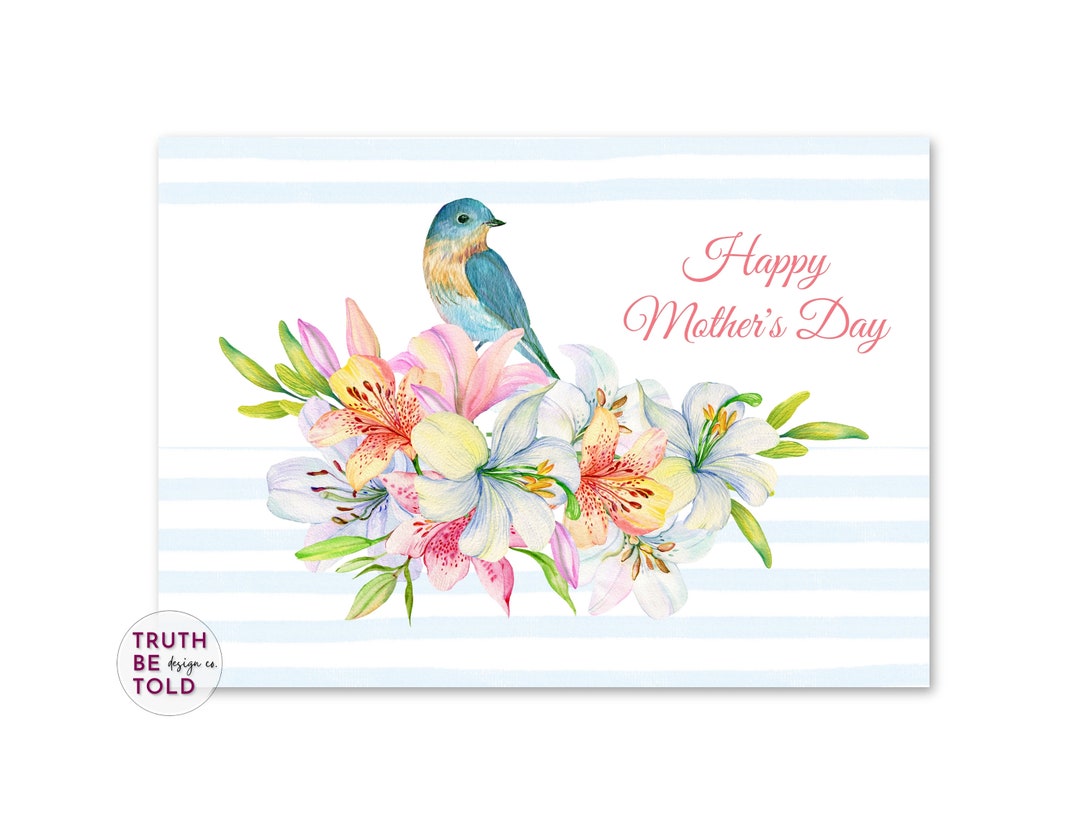 Blue Bird Mother's Day Card: Watercolor Flowers, Printable 5x7 (PDF) - Etsy