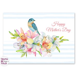 Happy Mother's Day Grußkarte mit schönem blauem Vogel und Aquarell Blumen, Muttertag Karte zum Ausdrucken