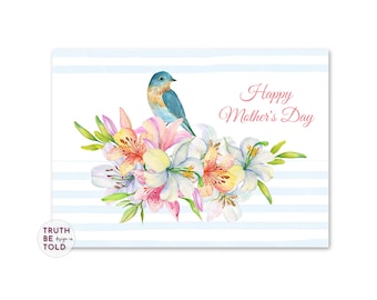 Blue Bird Mother's Day Card: Watercolor Flowers, Printable 5x7 (PDF)