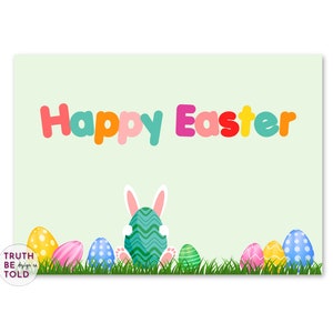 Happy Easter greeting card, Easter eggs grass and Easter bunny, Cute Whimsical Easter card
