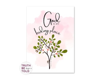 God is My Hiding Place Greeting Card, Pink Watercolor, Scripture Art (PDF)