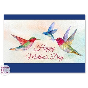 Happy Mother&#39;s Day greeting card with beautiful watercolor hummingbirds, Printable Mother&#39;s Day Card