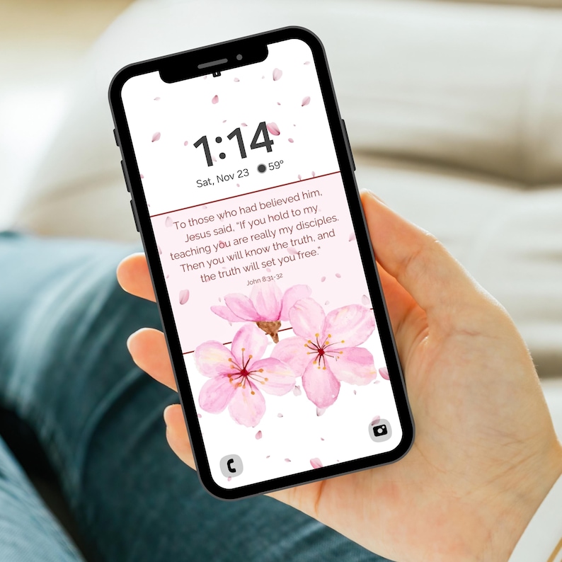 Bible Verse Phone Wallpaper Digital Download, John 8:31-32 The Truth Will Set You Free, Scripture Wallpaper for phone, Cherry Blossom art image 2