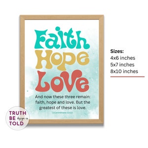 Faith Hope Love Bible Verse Print, Retro colors, 1 Corinthians 13:13