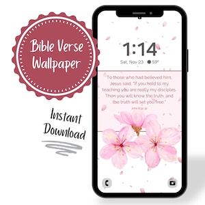 Bible Verse Phone Wallpaper Digital Download, John 8:31-32 The Truth Will Set You Free, Scripture Wallpaper for phone, Cherry Blossom art image 1