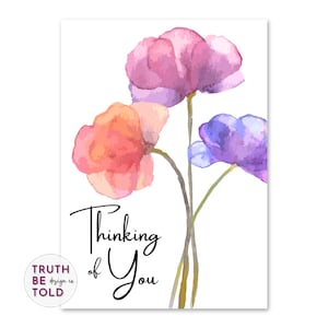 Thinking Of You Printable Greeting Card with Colorful Watercolor Flowers