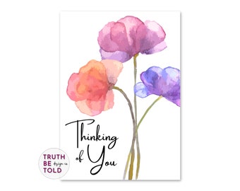 Thinking Of You Printable Greeting Card with Colorful Watercolor Flowers