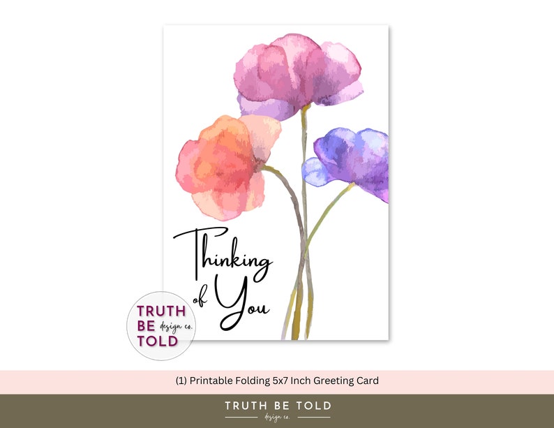 Thinking of You Printable Greeting Card With Colorful Watercolor ...