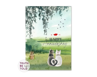 Customizable Happy Anniversary Card, Cat Lover, Watercolor Scenic Landscape