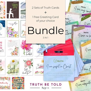 Könnte beinhalten: Ein Paket aus Grußkarten und Wahrheitskarten. Die Grußkarten haben Blumen- und Feiertagsdesigns. Die Wahrheitskarten enthalten Affirmationen wie "Ich bin perfekt in Christus". Der Text "Bundle 3 in 1" ist ebenfalls sichtbar.