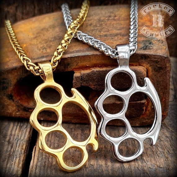 Stainless Steel Brass Knuckle Pendant With Chain, Braided Chain