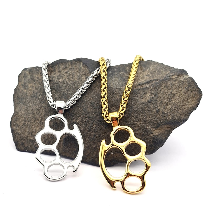Stainless Steel Brass Knuckles Pendant With Chain Cable Chain Etsy