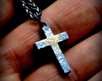 Cross pendant in 925 sterling silver with 24K gold, rustic silver cross, men's and women's cross jewelry, unisex statement pendant