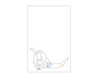May include: Line drawing of a person in a blue swimsuit doing a split.