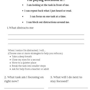 K&ouml;nnte beinhalten: Eine Checkliste zum Fokussieren und Aufmerksam sein. Sie enth&auml;lt Fragen dazu, was dich ablenkt, Strategien zum Wiederfokussieren und worauf du dich konzentrierst.