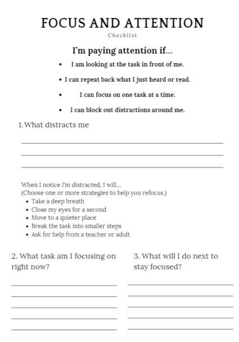 K&ouml;nnte beinhalten: Eine Checkliste zum Fokussieren und Aufmerksam sein. Sie enth&auml;lt Fragen dazu, was dich ablenkt, Strategien zum Wiederfokussieren und worauf du dich konzentrierst.