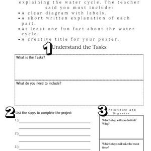 K&ouml;nnte beinhalten: Ein schwarz-wei&szlig;es Arbeitsblatt mit dem Titel "Aufgabenplanung" und Anweisungen f&uuml;r ein naturwissenschaftliches Projekt zum Wasserkreislauf. Das Arbeitsblatt ist in drei Abschnitte unterteilt: "Die Aufgaben verstehen", "Die Schritte zum Abschluss des Projekts auflisten" und "Priorit&auml;ten setzen und organisieren".