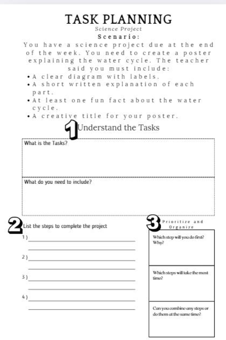 K&ouml;nnte beinhalten: Ein schwarz-wei&szlig;es Arbeitsblatt mit dem Titel "Aufgabenplanung" und Anweisungen f&uuml;r ein naturwissenschaftliches Projekt zum Wasserkreislauf. Das Arbeitsblatt ist in drei Abschnitte unterteilt: "Die Aufgaben verstehen", "Die Schritte zum Abschluss des Projekts auflisten" und "Priorit&auml;ten setzen und organisieren".