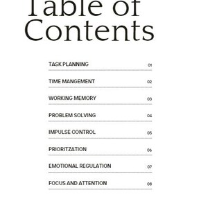 K&ouml;nnte beinhalten: Inhaltsverzeichnis mit &Uuml;berschriften f&uuml;r Aufgabenplanung, Zeitmanagement, Arbeitsged&auml;chtnis, Probleml&ouml;sung, Impulskontrolle, Priorisierung, Emotionsregulation und Konzentration und Aufmerksamkeit. Jede &Uuml;berschrift ist von 01 bis 08 nummeriert.