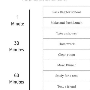 K&ouml;nnte beinhalten: Ein druckbares Arbeitsblatt f&uuml;r Zeitmanagement. Das Arbeitsblatt listet Aktivit&auml;ten und ihre gesch&auml;tzte Zeit f&uuml;r die Erledigung auf, wie z. B. "Rucksack f&uuml;r die Schule packen" (1 Minute), "Mittagessen machen und packen" (1 Minute), "Dusche nehmen" (30 Minuten), "Hausaufgaben" (30 Minuten), "Zimmer aufr&auml;umen" (30 Minuten), "Abendessen kochen" (30 Minuten), "F&uuml;r einen Test lernen" (60 Minuten), "Mit einem Freund schreiben" (60 Minuten) und "Eine Folge einer Show ansehen" (60 minutes).