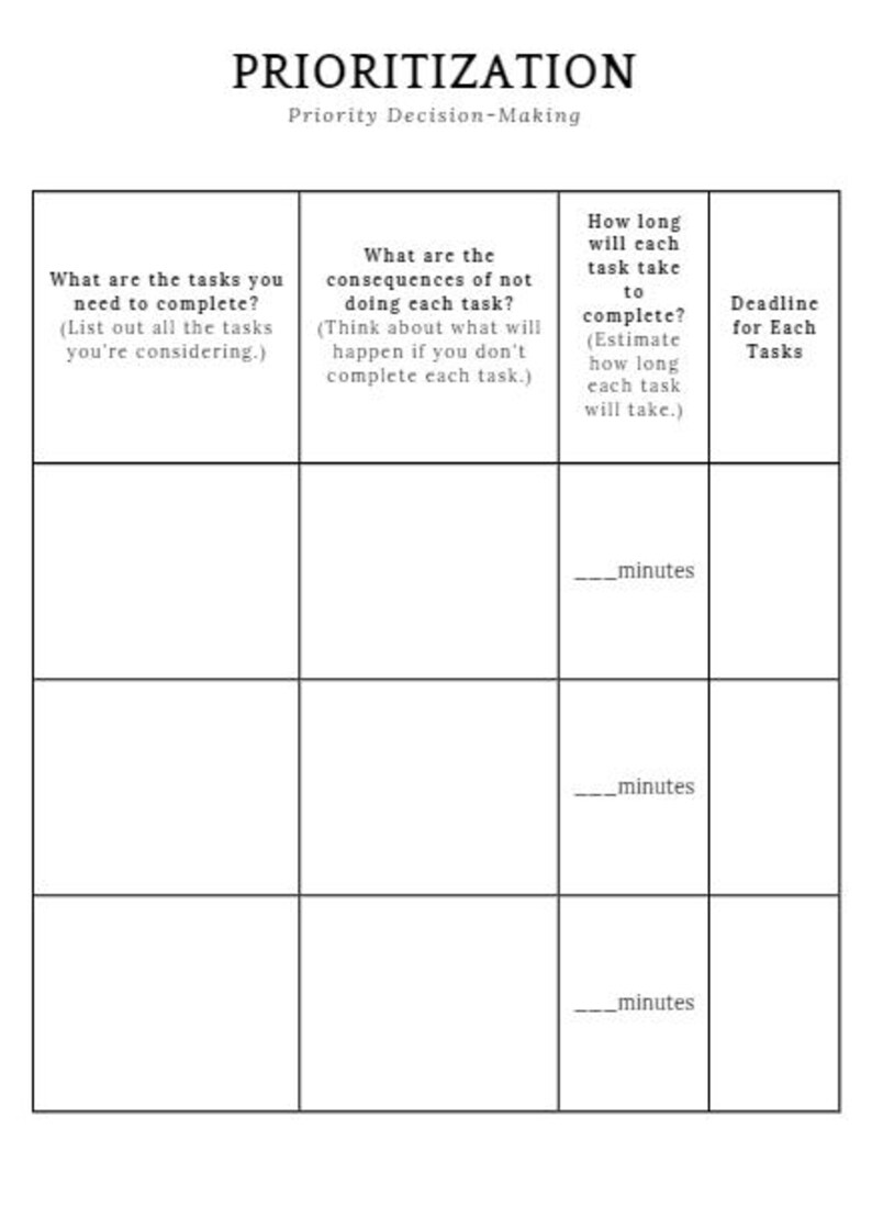 K&ouml;nnte beinhalten: Ein schwarz-wei&szlig;es Diagramm mit dem Titel "Priorisierung: Priorisierte Entscheidungsfindung". Das Diagramm ist in vier Spalten unterteilt: "Welche Aufgaben m&uuml;ssen Sie erledigen?", "Was sind die Folgen, wenn Sie jede Aufgabe nicht erledigen?", "Wie lange dauert es, jede Aufgabe zu erledigen?" und "Frist f&uuml;r jede Aufgabe". Das Diagramm hat drei Zeilen, jede mit einem leeren Feld, das der Benutzer mit Informationen ausf&uuml;llen kann.