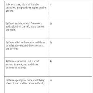 K&ouml;nnte beinhalten: Ein druckbares Arbeitsblatt mit Anweisungen f&uuml;r ein Arbeitsged&auml;chtnisspiel. Die Anweisungen beinhalten das Zeichnen eines Baumes mit einem Vogel und &Auml;pfeln, eines Regenbogens mit einer Wolke und einer Sonne, eines Fisches im Meer mit Blasen und einer Krabbe, eines Schneemanns mit einem Schal und Kn&ouml;pfen, eines K&uuml;rbisses mit einer Fledermaus und Sternen und einer Strandszene mit Wellen, einem Regenschirm und einer Sandburg.