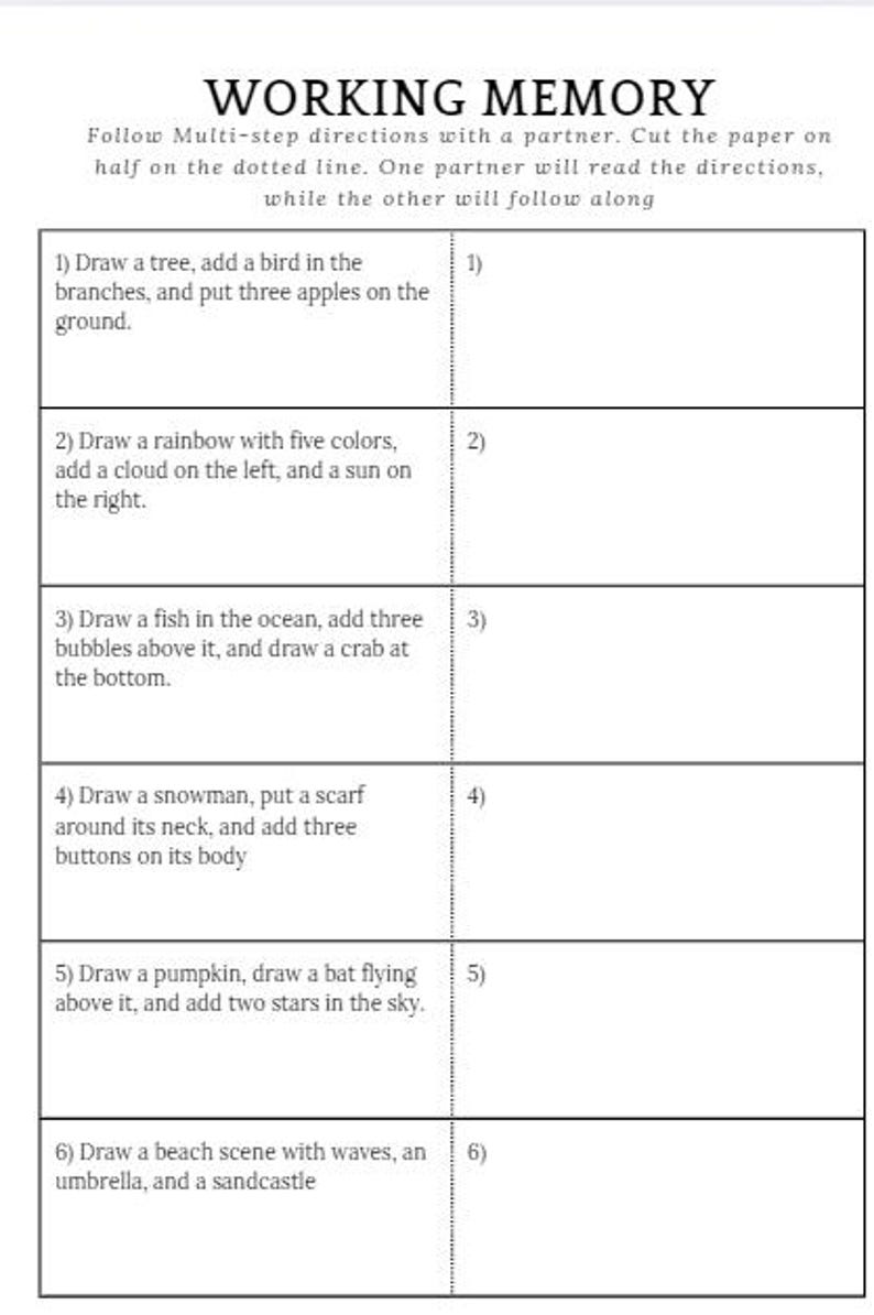 K&ouml;nnte beinhalten: Ein druckbares Arbeitsblatt mit Anweisungen f&uuml;r ein Arbeitsged&auml;chtnisspiel. Die Anweisungen beinhalten das Zeichnen eines Baumes mit einem Vogel und &Auml;pfeln, eines Regenbogens mit einer Wolke und einer Sonne, eines Fisches im Meer mit Blasen und einer Krabbe, eines Schneemanns mit einem Schal und Kn&ouml;pfen, eines K&uuml;rbisses mit einer Fledermaus und Sternen und einer Strandszene mit Wellen, einem Regenschirm und einer Sandburg.