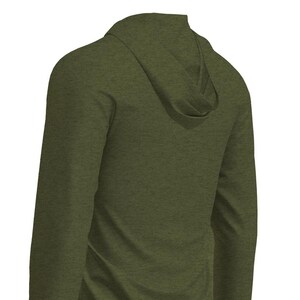 May include: Olive green long-sleeve hoodie. The hoodie features a hood and is made of a soft, textured fabric. The garment is designed for comfort and casual wear. The image shows the back of the hoodie.