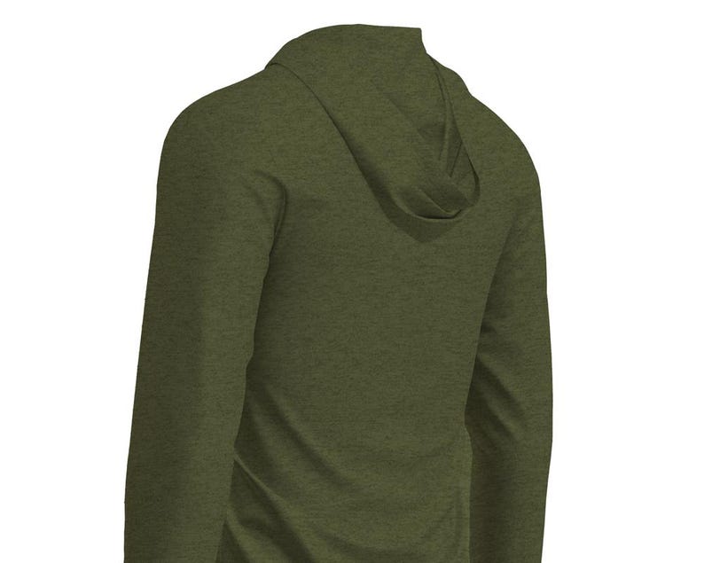 May include: Olive green long-sleeve hoodie. The hoodie features a hood and is made of a soft, textured fabric. The garment is designed for comfort and casual wear. The image shows the back of the hoodie.