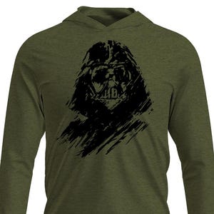 Darth Vader Distressed Shadow OD Green Long Sleeve lightweight T-shirt Hoodie, Vader Tee. Vader Shirt, Star Wars Empire Distressed Tee