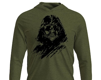 Darth Vader Distressed Shadow OD Green Long Sleeve lightweight T-shirt Hoodie, Vader Tee. Vader Shirt, Star Wars Empire Distressed Tee