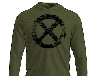 X-Men Distressed Logo OD Green Long Sleeve lightweight T-shirt Hoodie,  X-Men Shirt, Marvel Tee