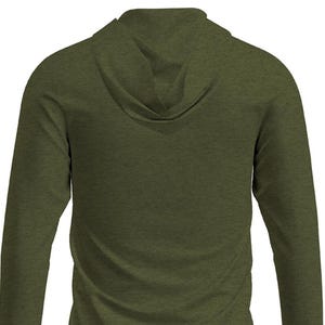 May include: Olive green long-sleeve hoodie. The back view shows the hood and the sleeves. The fabric has a heathered texture. The hoodie is a casual garment, suitable for various activities.