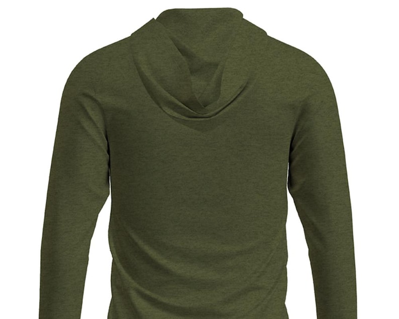 May include: Olive green long-sleeve hoodie. The back view shows the hood and the sleeves. The fabric has a heathered texture. The hoodie is a casual garment, suitable for various activities.