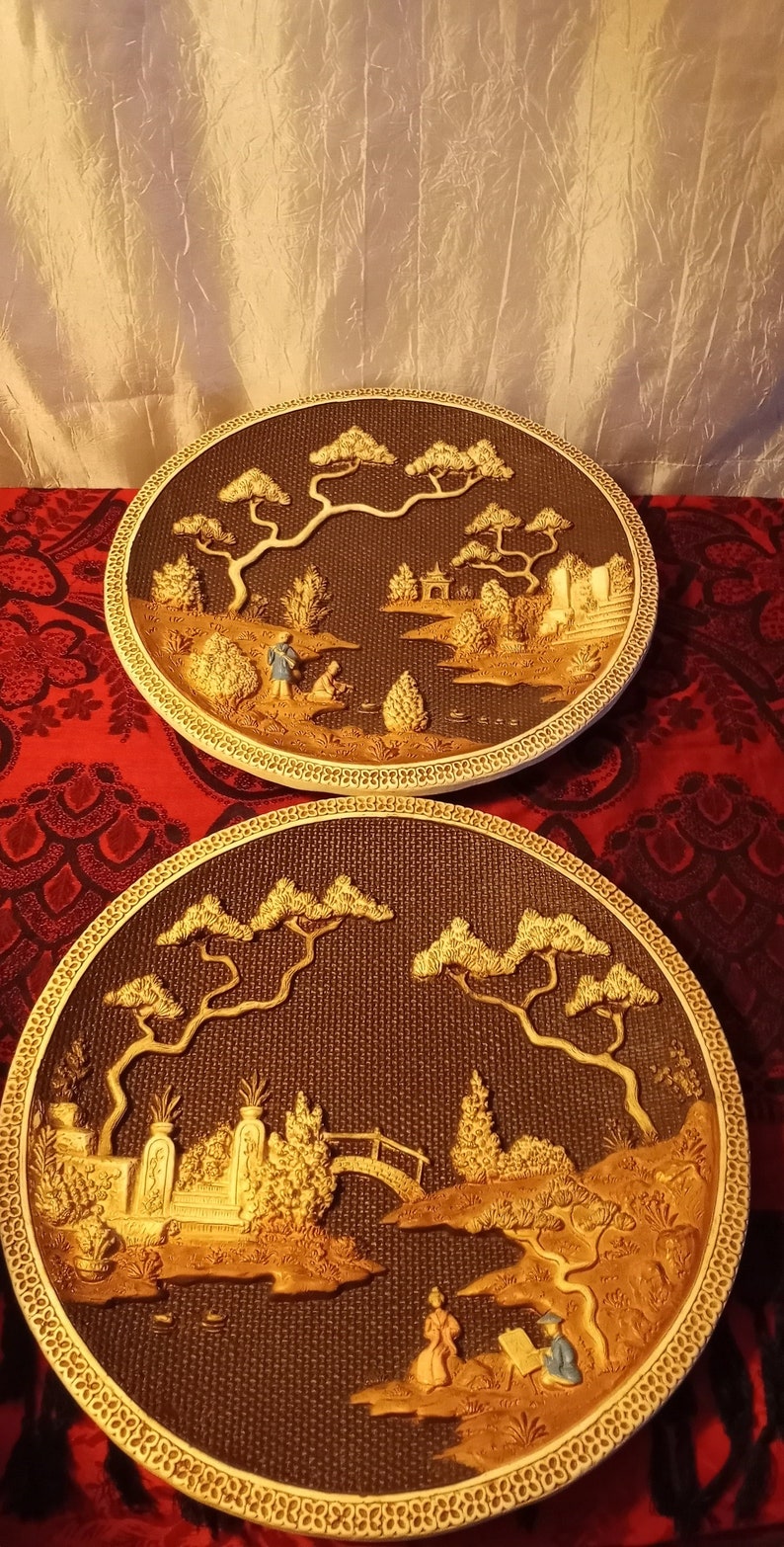 Vintage Girotti Sculptured Art Hanging Wall Plates. Asian Themed With