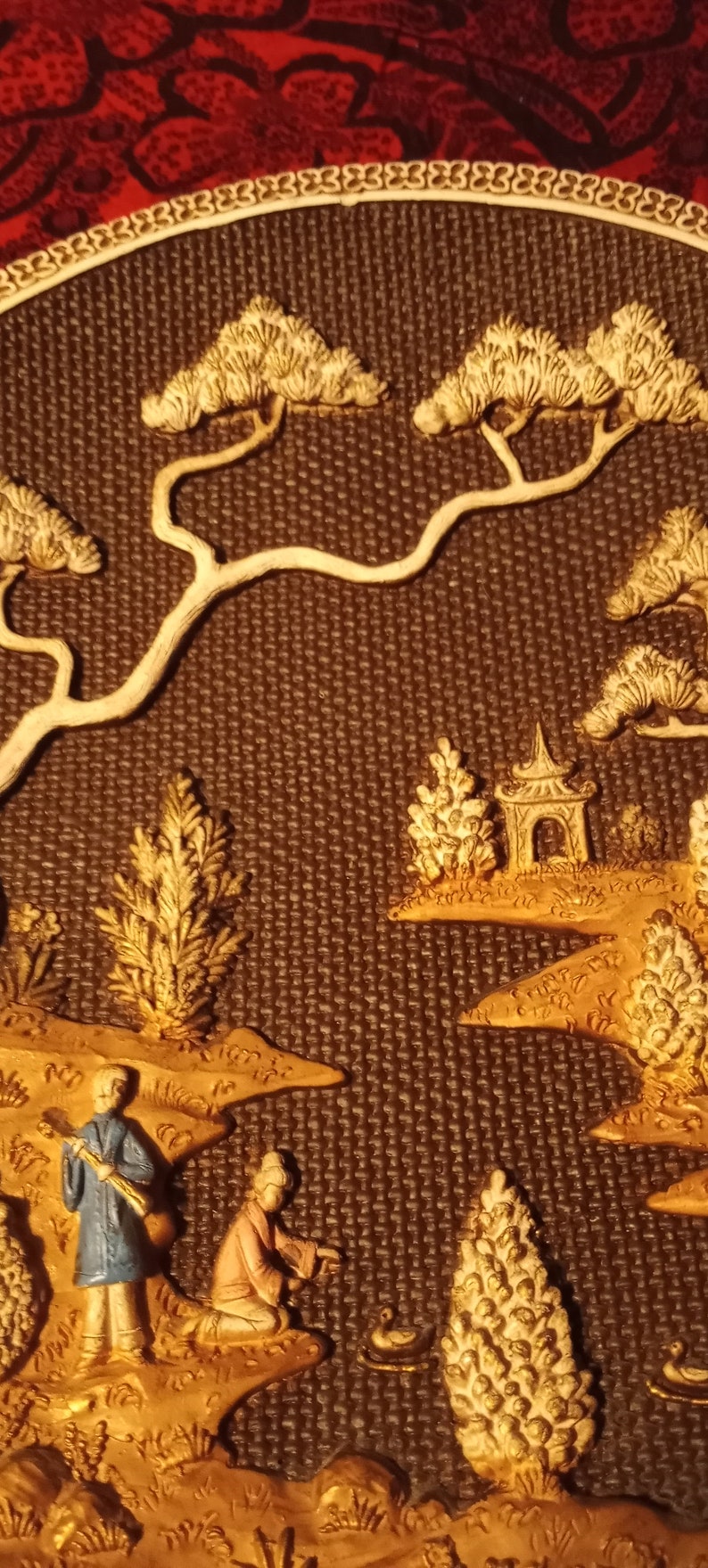 Vintage Girotti Sculptured Art Hanging Wall Plates. Asian Themed With